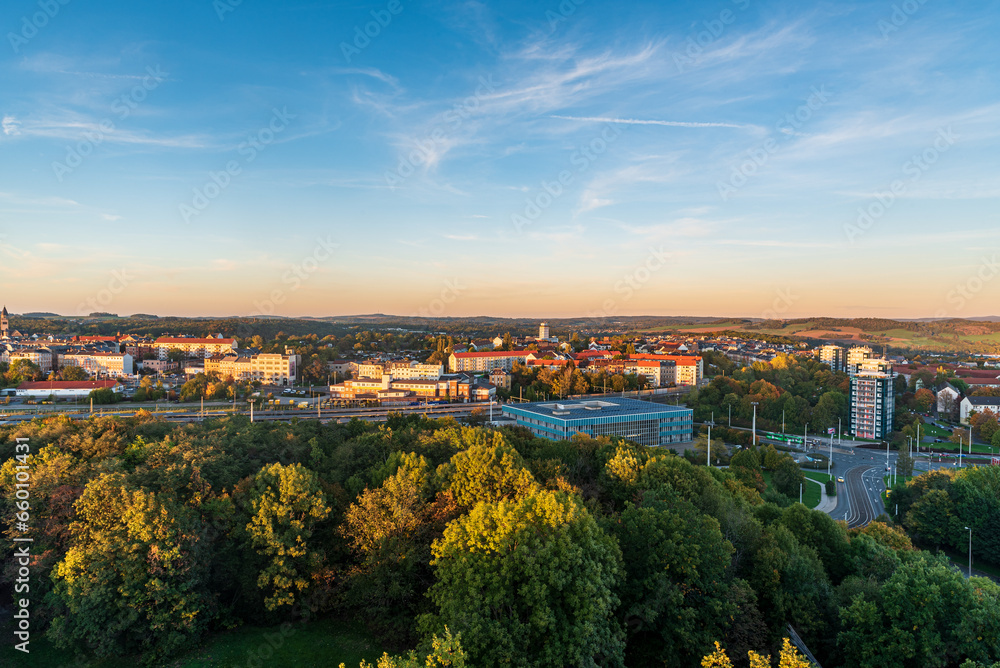 View from lookout tower on Barenstein hill in Plauen city in Germany during autumn