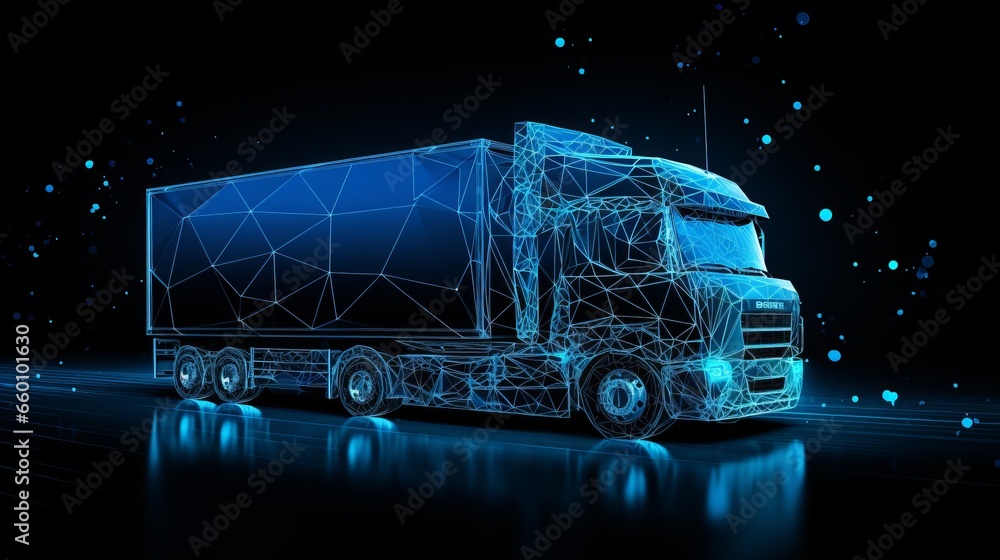 Polygonal 3d truck on dark blue background. Online cargo delivery service, logistics or tracking app concept. Abstract vector illustration of online freight delivery service.