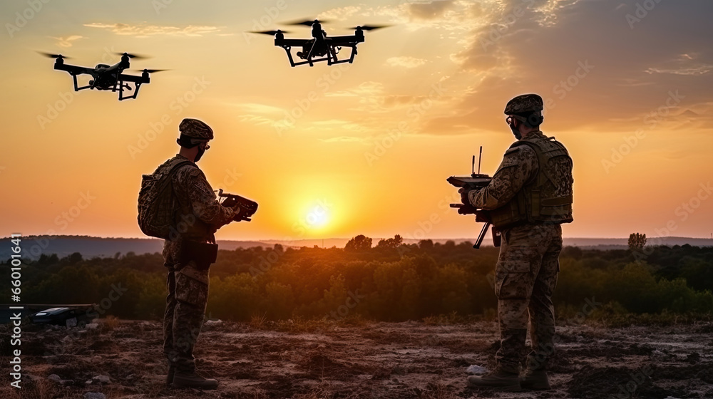 Soldiers use a drone, quadrocopter for reconnaissance during a military operation against the background of a sunset.