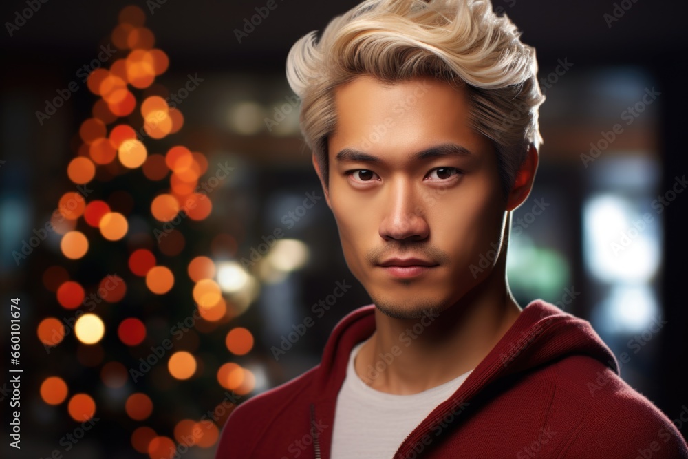 Fototapeta premium Man in Red Hoodie with Christmas Tree Background