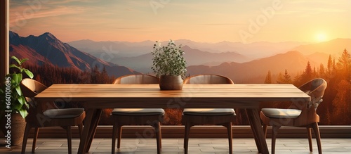Sunlit landscape with wooden dining table