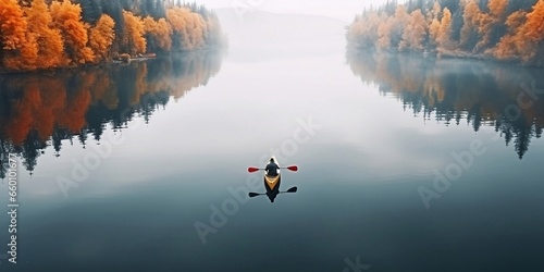 Vászonkép Person rowing on a calm lake in autumn, aerial view only small boat visible with serene water around