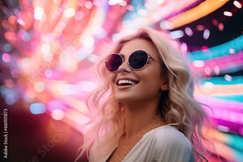 Woman Smiling in Front of Fireworks