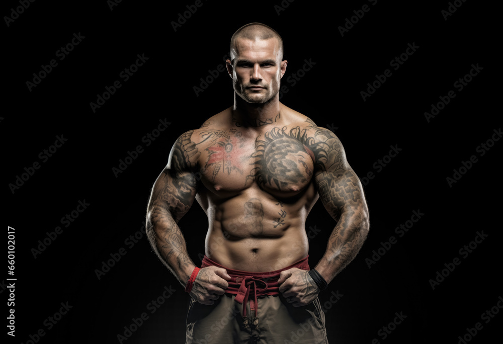 Fototapeta premium Muscular man, MMA fighter, studio portrait on black background. Generative AI