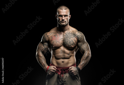 Muscular man, MMA fighter, studio portrait on black background. Generative AI