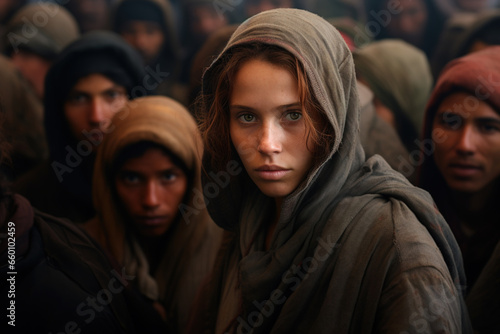 Emigration, refugees, world social problems concept. Portrait of a beautiful poor woman in a crowd of oppressed people photo