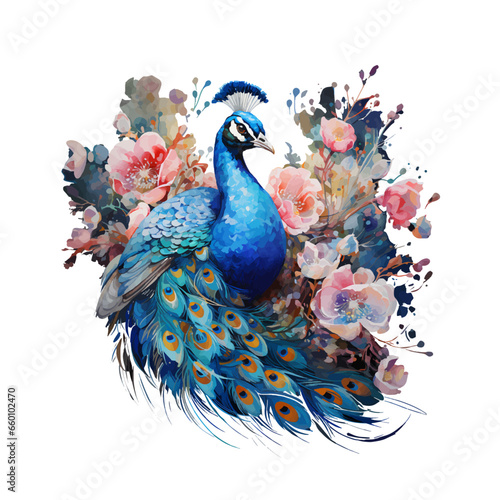 Beautiful vector watercolor illustration of a peacock among flowers.