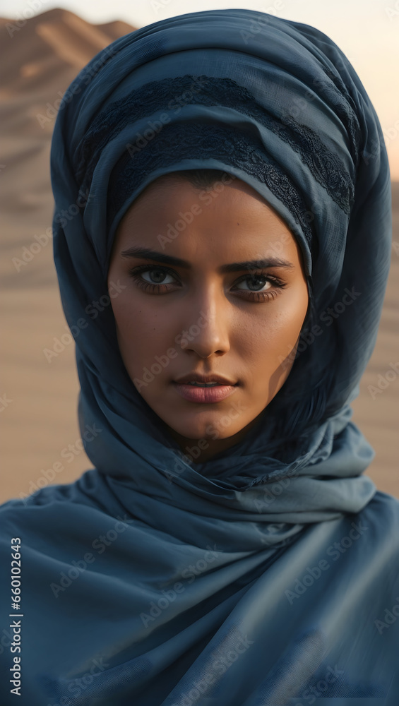 portrait of a fair-skinned woman with blue eyes and hair in an Arab white costume in the desert portrait of a fair-skinned woman with blue eyes and hair in an Arab white costume in the desert
