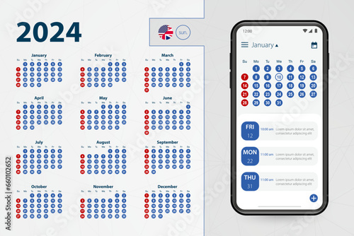 Calendar application for Smartphone. Vector calendar 2024 week starts from Sunday, English language.