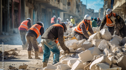 Workers cleaning up rubble of a city or town devastated by war photo