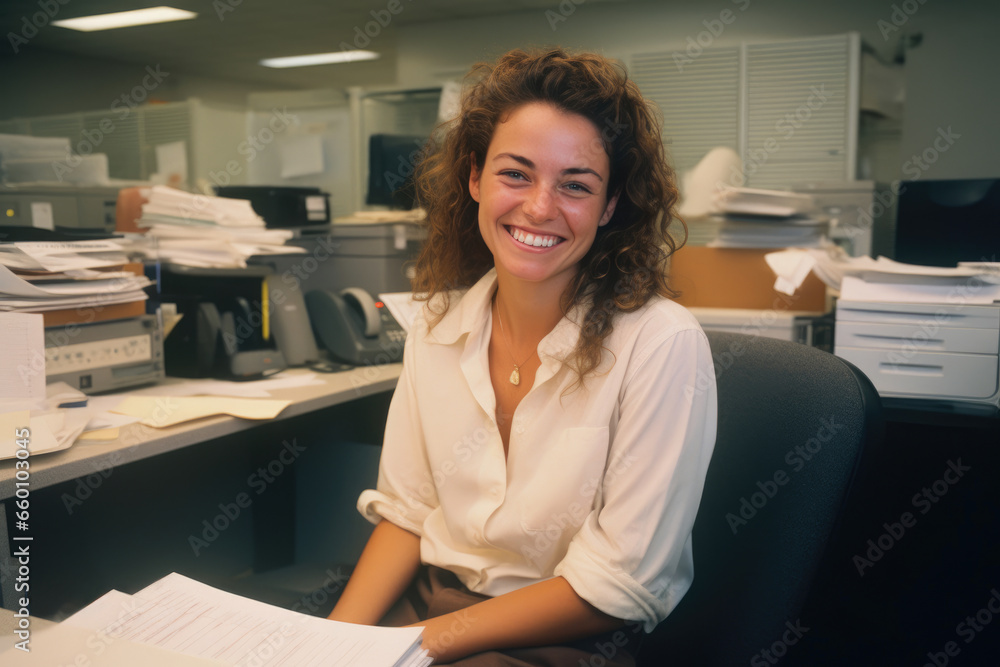 Confident Businesswoman Smiles in Office Setting Confident Businesswoman Smiles in Office Setting