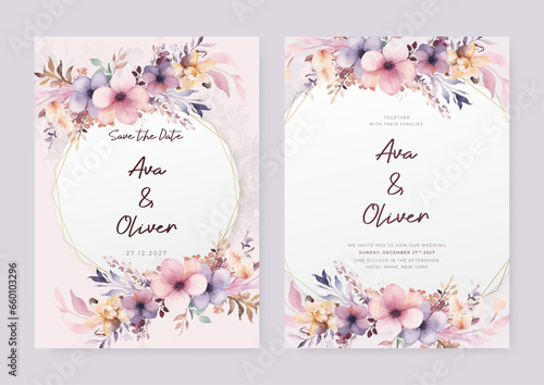 Pink and purple violet sakura wedding invitation card template with flower and floral watercolor texture vector