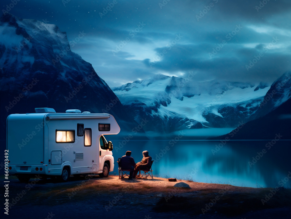 Couple with their motorhome contemplating snowy landscape at night, ai generated - obrazy, fototapety, plakaty 