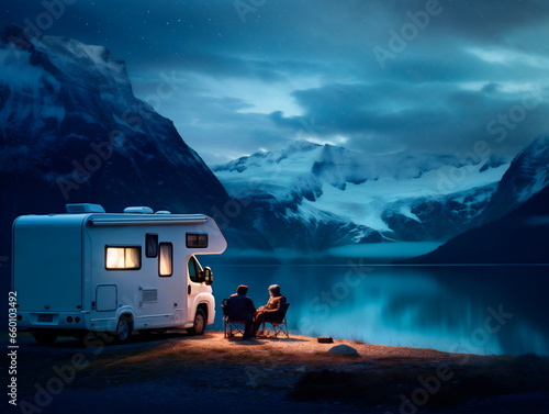 Couple with their motorhome contemplating snowy landscape at night, ai generated