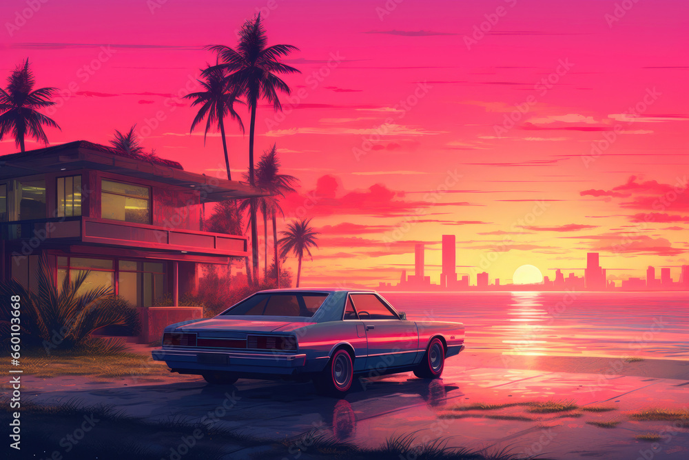 Synthwave Aesthetics: Sunset Over Miami House