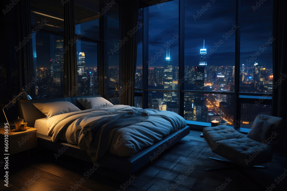 City Night Serenity: Bedroom by the Skyscrapers - obrazy, fototapety, plakaty 