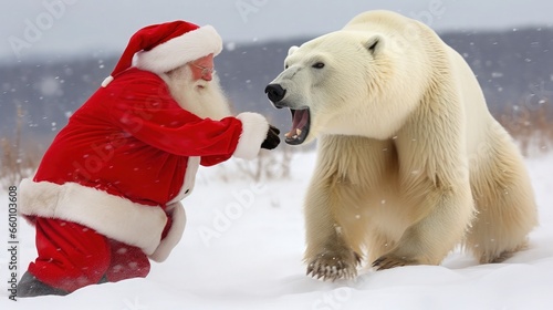 A man dressed as Santa Claus feeds a polar bear photo