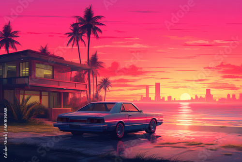 Synthwave Aesthetics: Sunset Over Miami House © Andrii 
