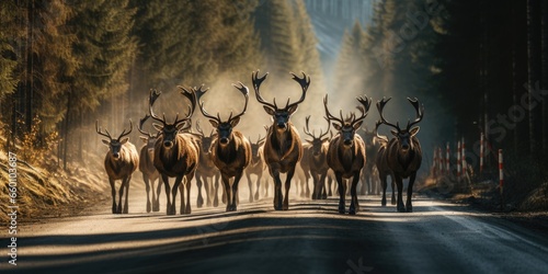  There are lot of elk on the road. Conservation of wild animals. Safe driving. Generative AI