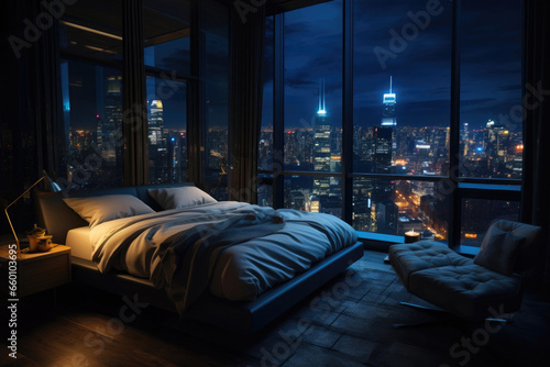 City Night Serenity: Bedroom by the Skyscrapers