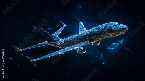 Polygonal 3d airplane in dark blue background. Online logistic, transportation service. Abstract vector rendering illustration.
