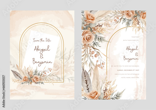 Beige rose elegant wedding invitation card template with watercolor floral and leaves