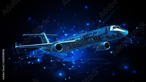 Polygonal 3d airplane in dark blue background. Online logistic, transportation service. Abstract vector rendering illustration.