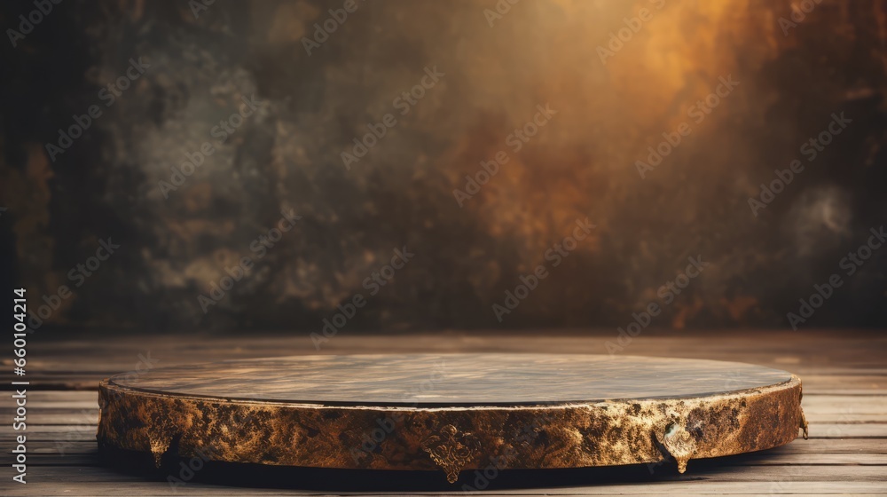 Antique gold platform stand on wooden table. Antique gold podium. Copy space. Horizontal format for banners, posters, prints, advertising. Photo AI generated. - obrazy, fototapety, plakaty 