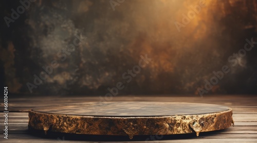 Antique gold platform stand on wooden table. Antique gold podium. Copy space. Horizontal format for banners, posters, prints, advertising. Photo AI generated.