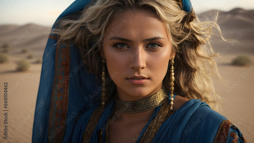 portrait of a fair-skinned woman with blue eyes and hair in an Arab white costume in the desert portrait of a fair-skinned woman with blue eyes and hair in an Arab white costume in the desert