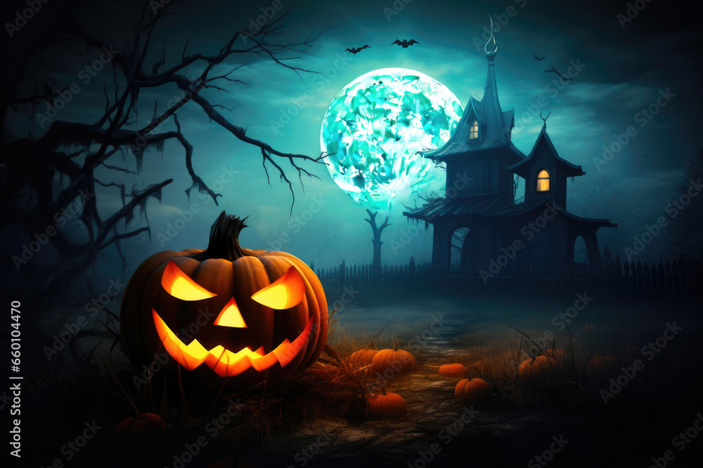 Creepy Mansion with Full Moon on Halloween