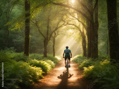 A serene scene captures the back view of a man cycling through a lush forest in the early morning light. The canopy of trees creates a natural tunnel. © John Vogia