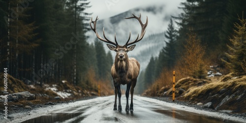 Conservation of wild animals. Elk crossing the road. Generative AI