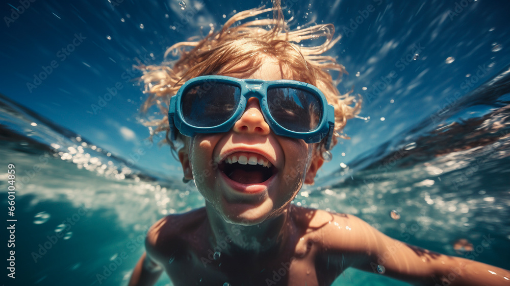 Fototapeta premium A child in sunglasses swims in the sea. Generative AI.