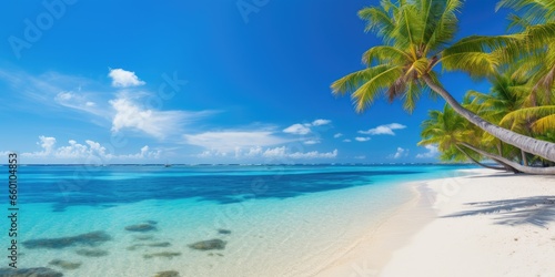 palm tree on a tropical island with white sandy beach and sea. Photo for travel advertising.
