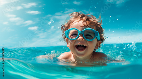 A child in sunglasses swims in the sea. Generative AI.