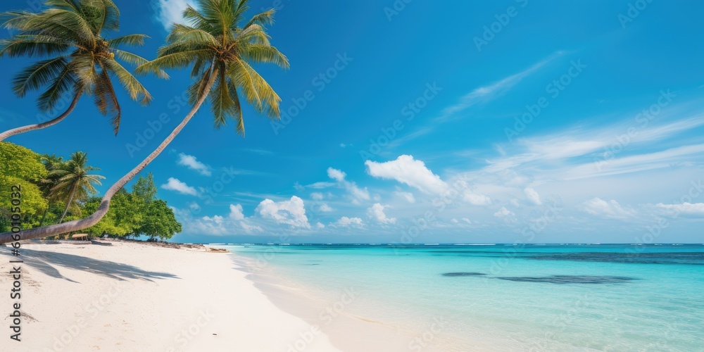 Beautiful tropical island with palm trees and white sand beach. photo for poster or postcard