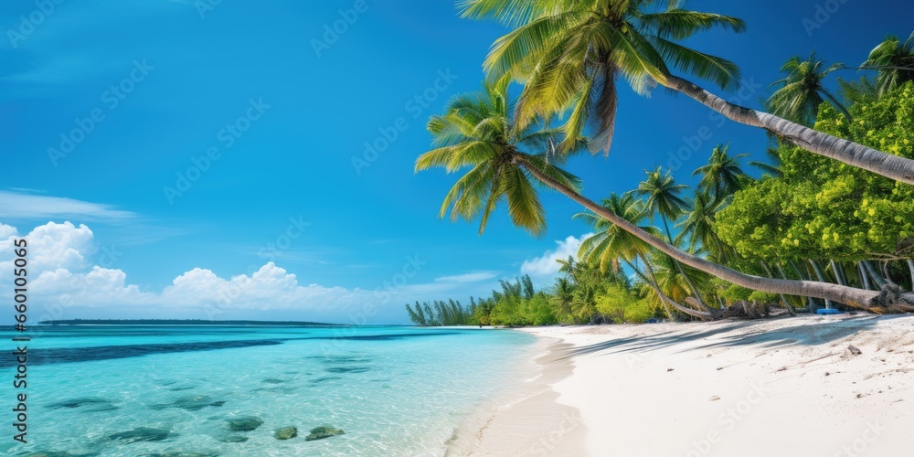 Horizontal image of tropical island with palm trees and white sand. Generative AI