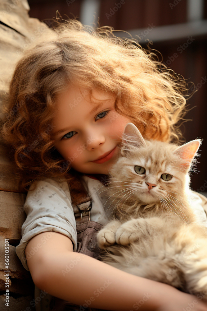 child with cat friendship and love. Generative AI. child with cat friendship and love. Generative AI.