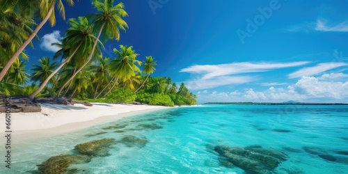 Horizontal image of tropical island with palm trees and white sand. Generative AI © 22_monkeyzzz