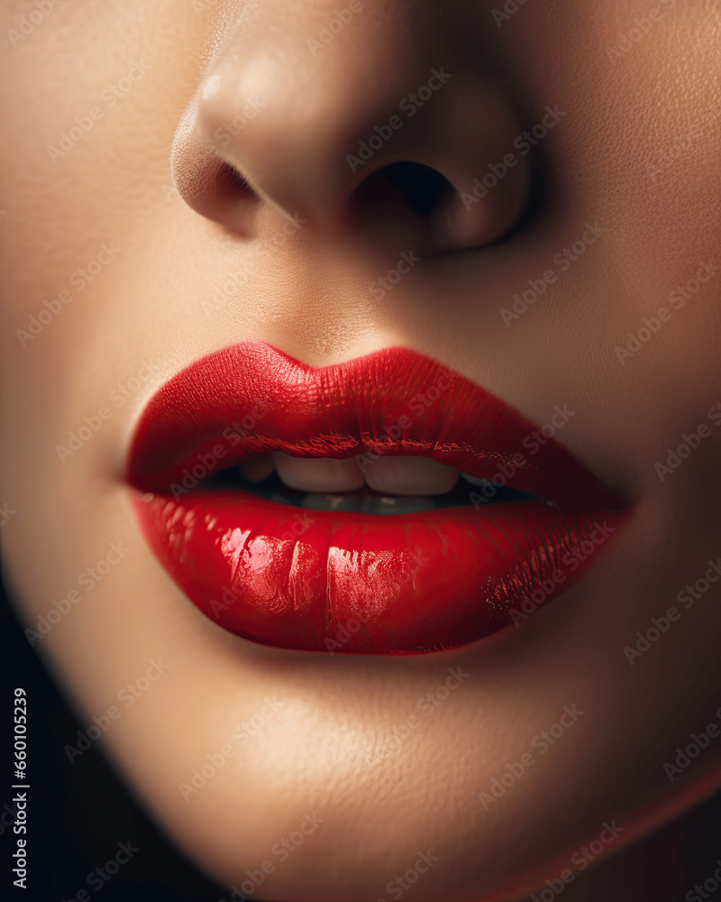 Obraz premium Closeup shot of a beautiful woman's face and colorful lips isolated on a dark background