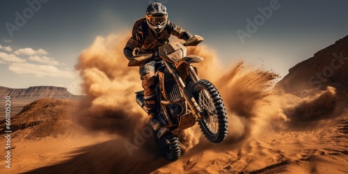 Extreme motorcycle riding. Racer in the sandy desert. Generative AI © 22_monkeyzzz