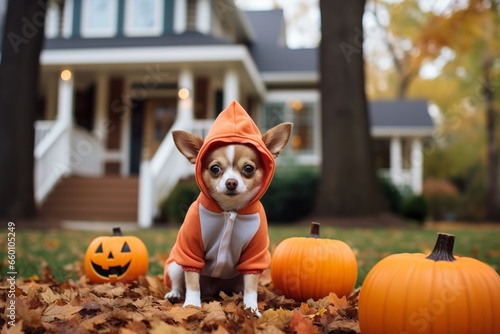 dog wearing costume while sitting