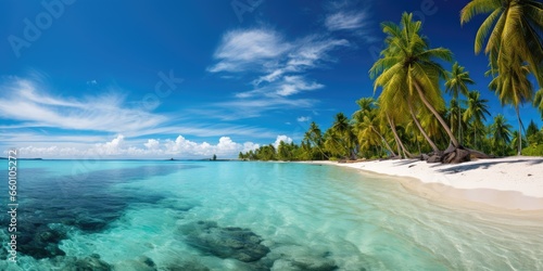tropical island with white sandy beach and sea. Generative AI