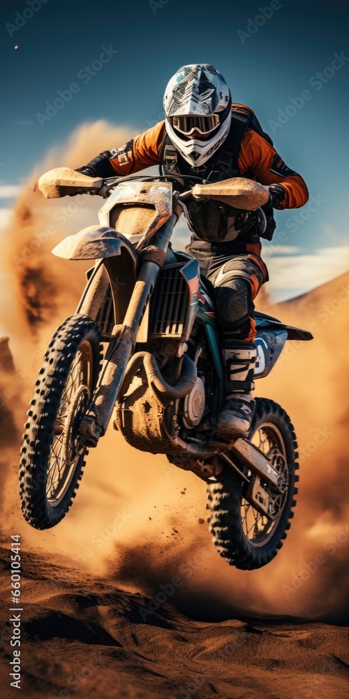 Motorcycle racer participates in motocross trains on sand or desert