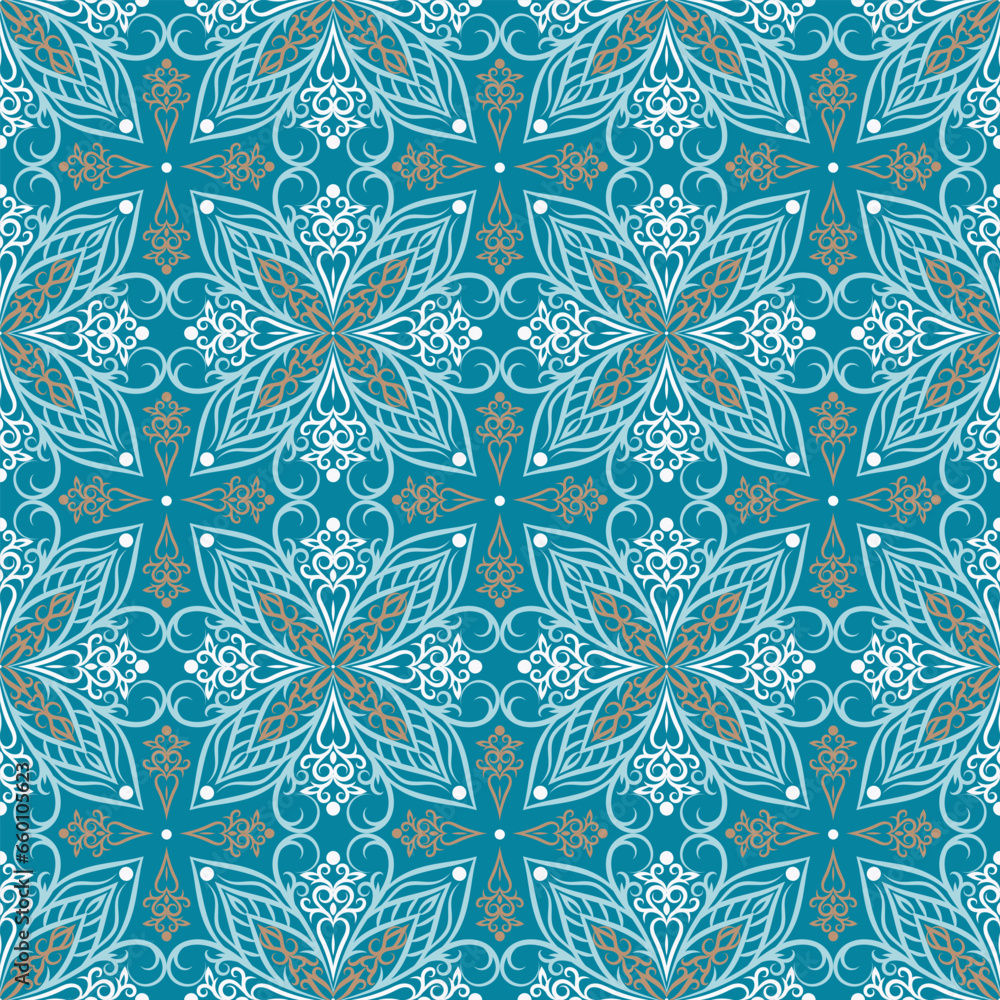 Gold and turquoise seamless pattern. Ornament, Traditional, Ethnic, Arabic, Turkish, Indian motifs. Background for fabric, textile, wallpaper, packaging design, decoration.