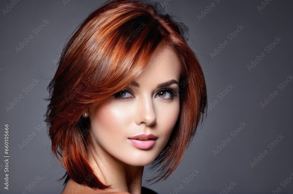 Fototapeta premium Beautiful woman with apricot hot-toffee hair fly up from the wind. Pretty woman with make up and clean skin and long curly shiny red ginger hair. Close-up portrait on gray background