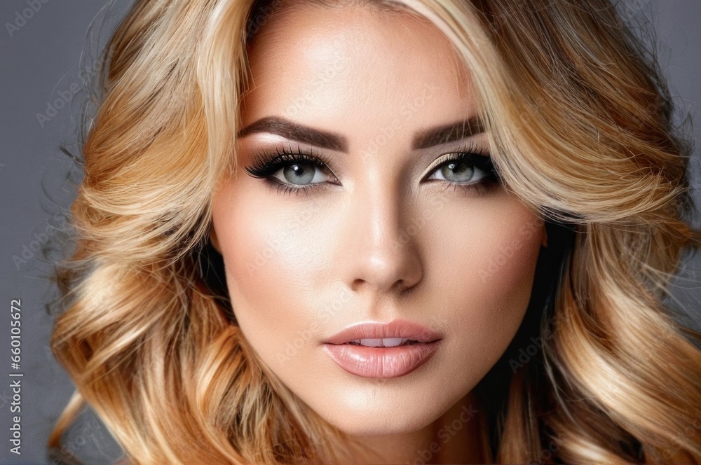 Beautiful woman with golden blond hairs fly up from the wind. Pretty woman with make up and clean skin and long curly shiny hair. Close-up portrait on gray background Beautiful woman with golden blond hairs fly up from the wind. Pretty woman with make up and clean skin and long curly shiny hair. Close-up portrait on gray background