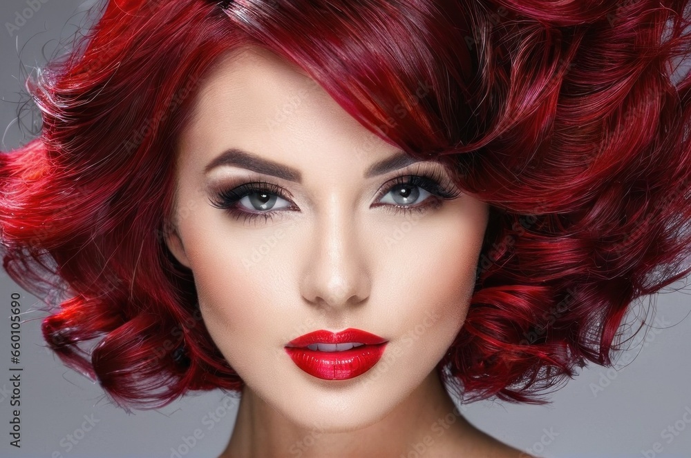 Beautiful woman with ruby hairs fly up from the wind. Pretty woman with make up, clean skin and long curly shiny red ginger hair. Close-up portrait on gray background Beautiful woman with ruby hairs fly up from the wind. Pretty woman with make up, clean skin and long curly shiny red ginger hair. Close-up portrait on gray background