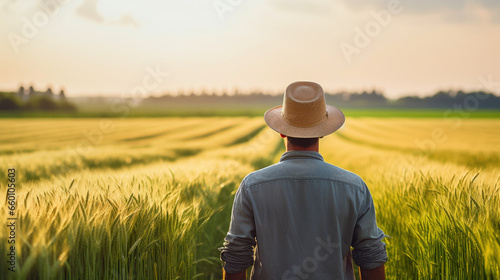 Rural Serenity: Farmer Inspecting Wheat © AIproduction